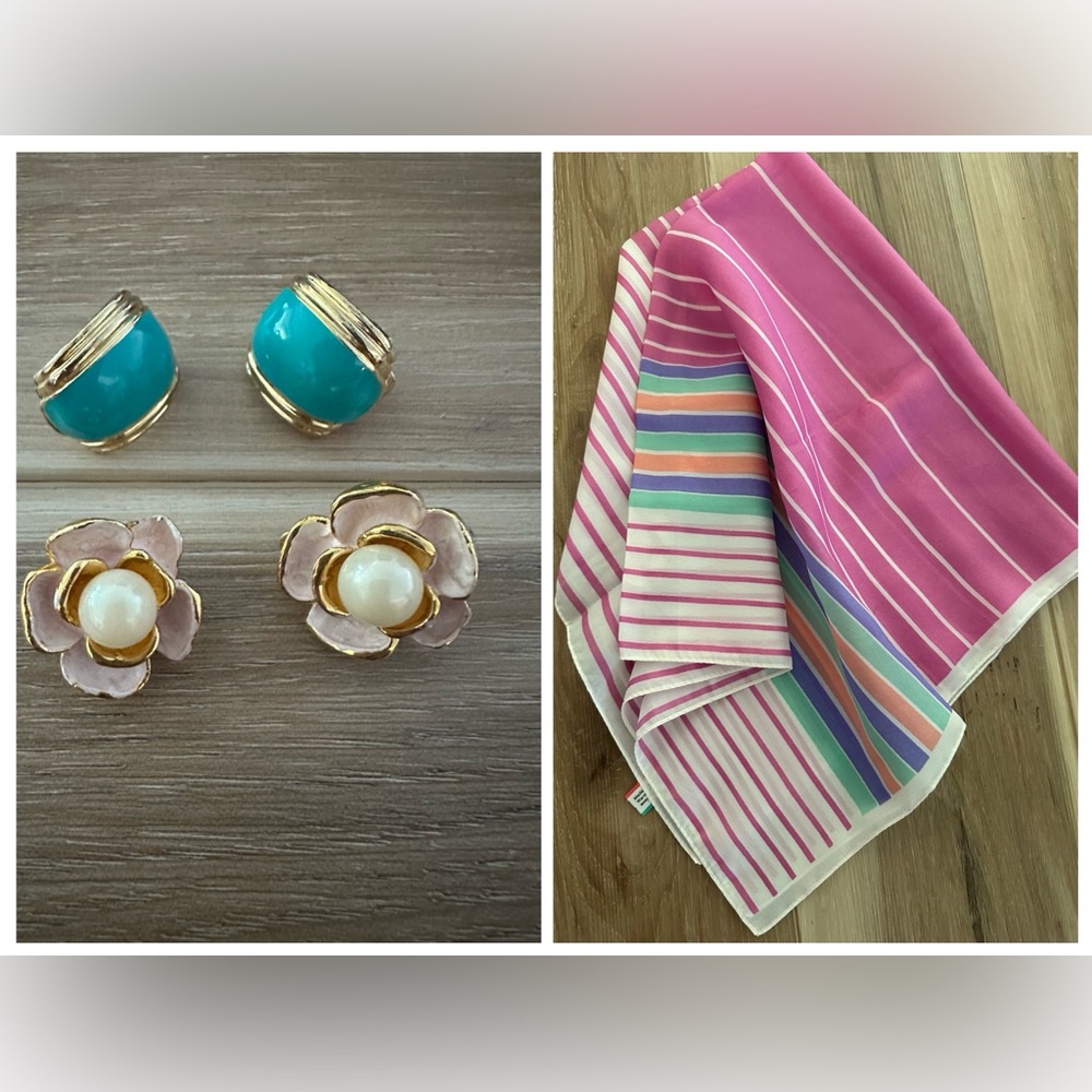 Vintage Italian Scarf with VTG clip on Earrings